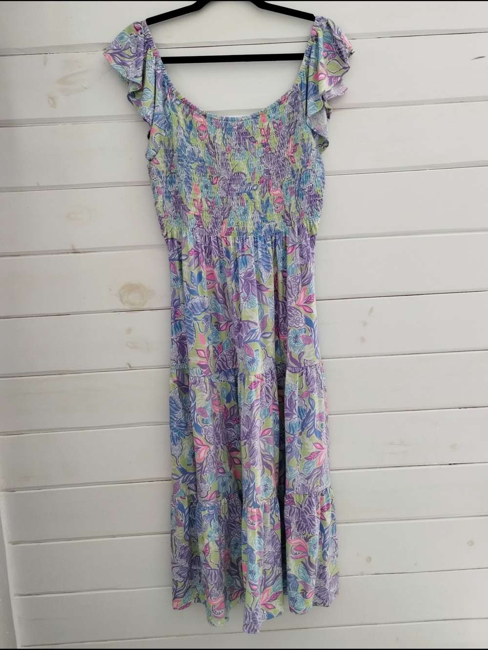 Lilly Pulitzer Jilly Smocked Midi Dress Dew Drop Stay Fly Floral L - Picture 3 of 11